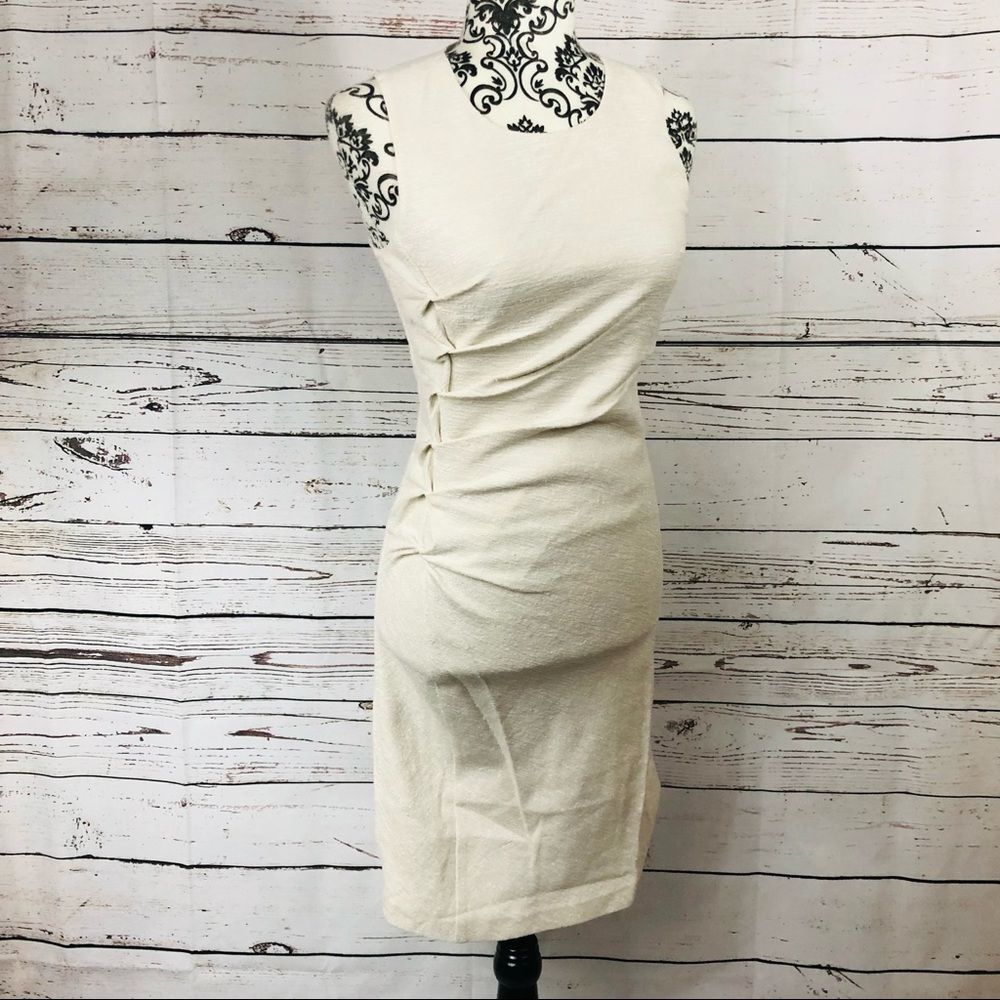 Halston Heritage Tweed Sleeveless Stretch Dress Twist Details Bone/Off-White
